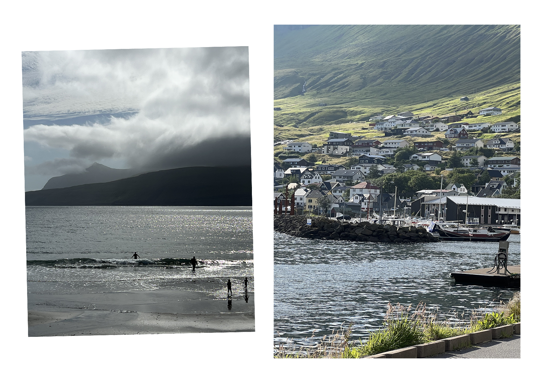 Left: a beach at Leynar; Right: the town of Fuglafjøður on the water