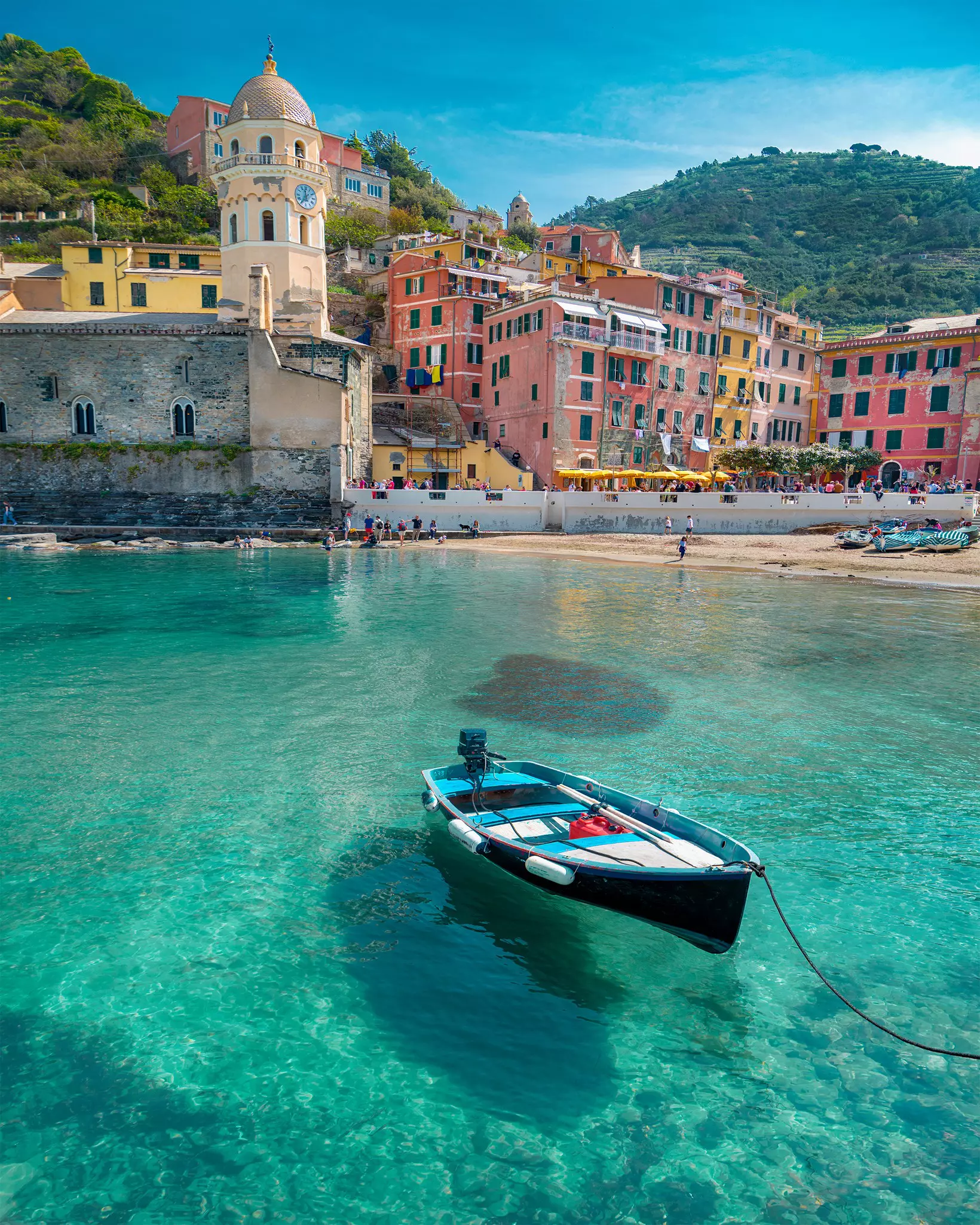 Boat in the harbour of picturesque village of Vernazza, Cinque Terre, Italy
