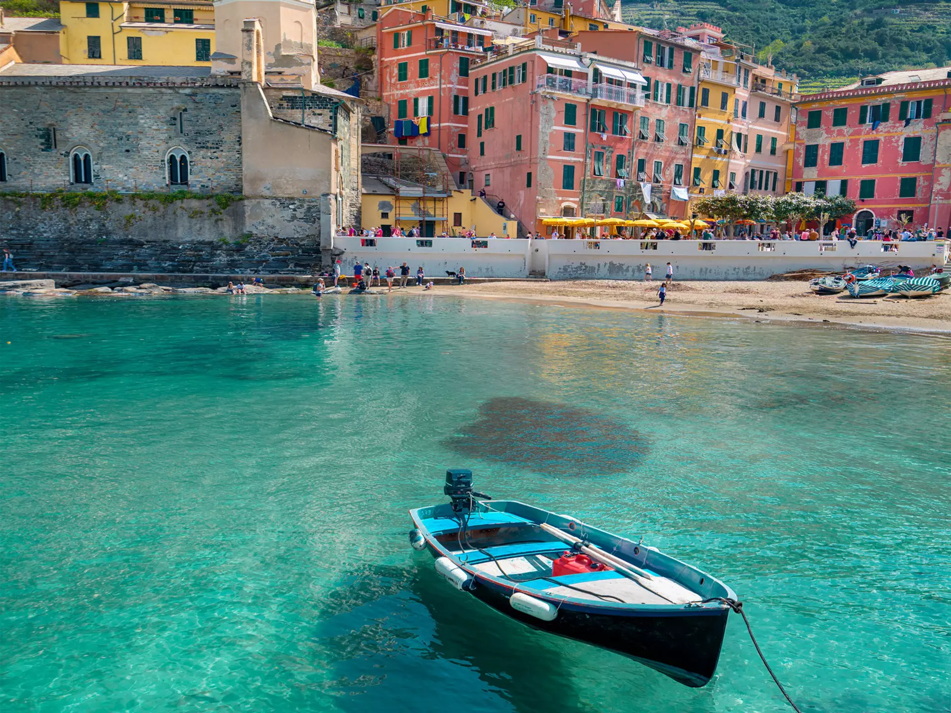 Boat in the harbour of picturesque village of Vernazza, Cinque Terre, Italy