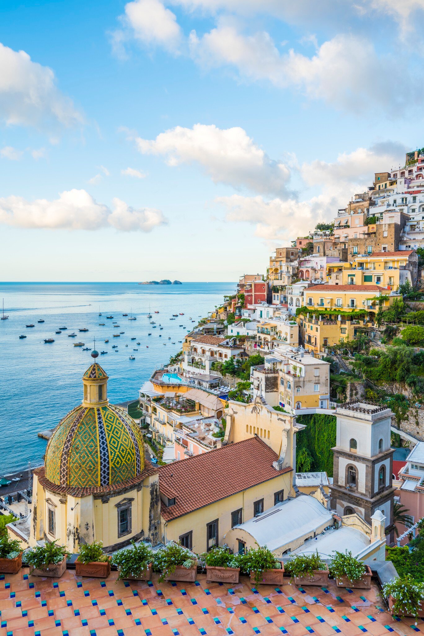 View of Positano cityscape and coastline.