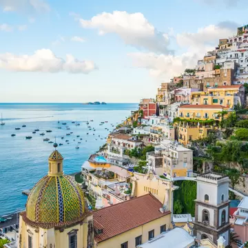 View of Positano cityscape and coastline.