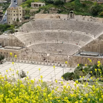 The Roman Theatre from above during spring, Amman, Jordan.
