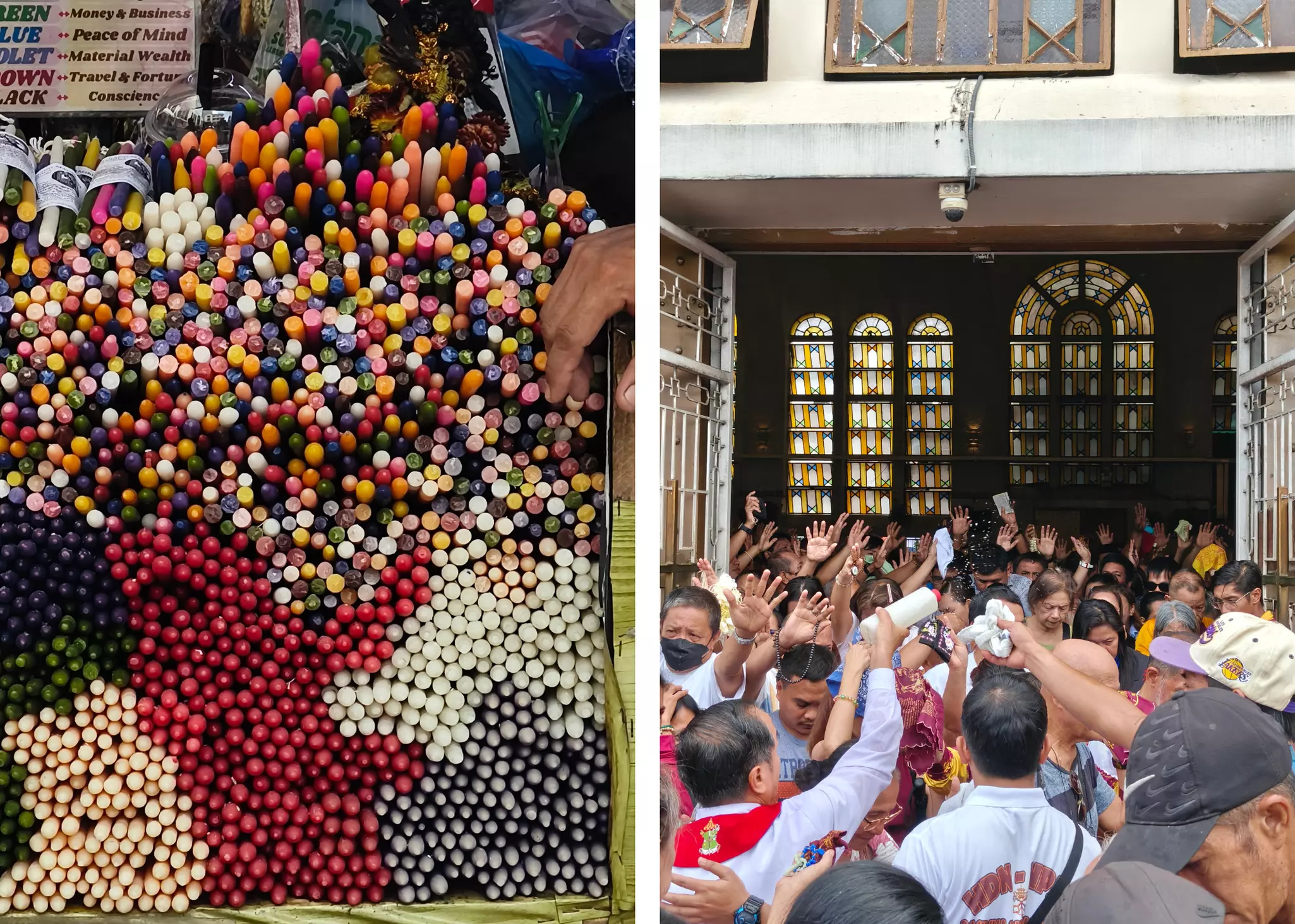 Left, candles for sale at Recto Quiapo. Right, scenes outside a church in Recto Quiapo, Manila, Philippines. Jilson Tiu for Lonely Planet (2)