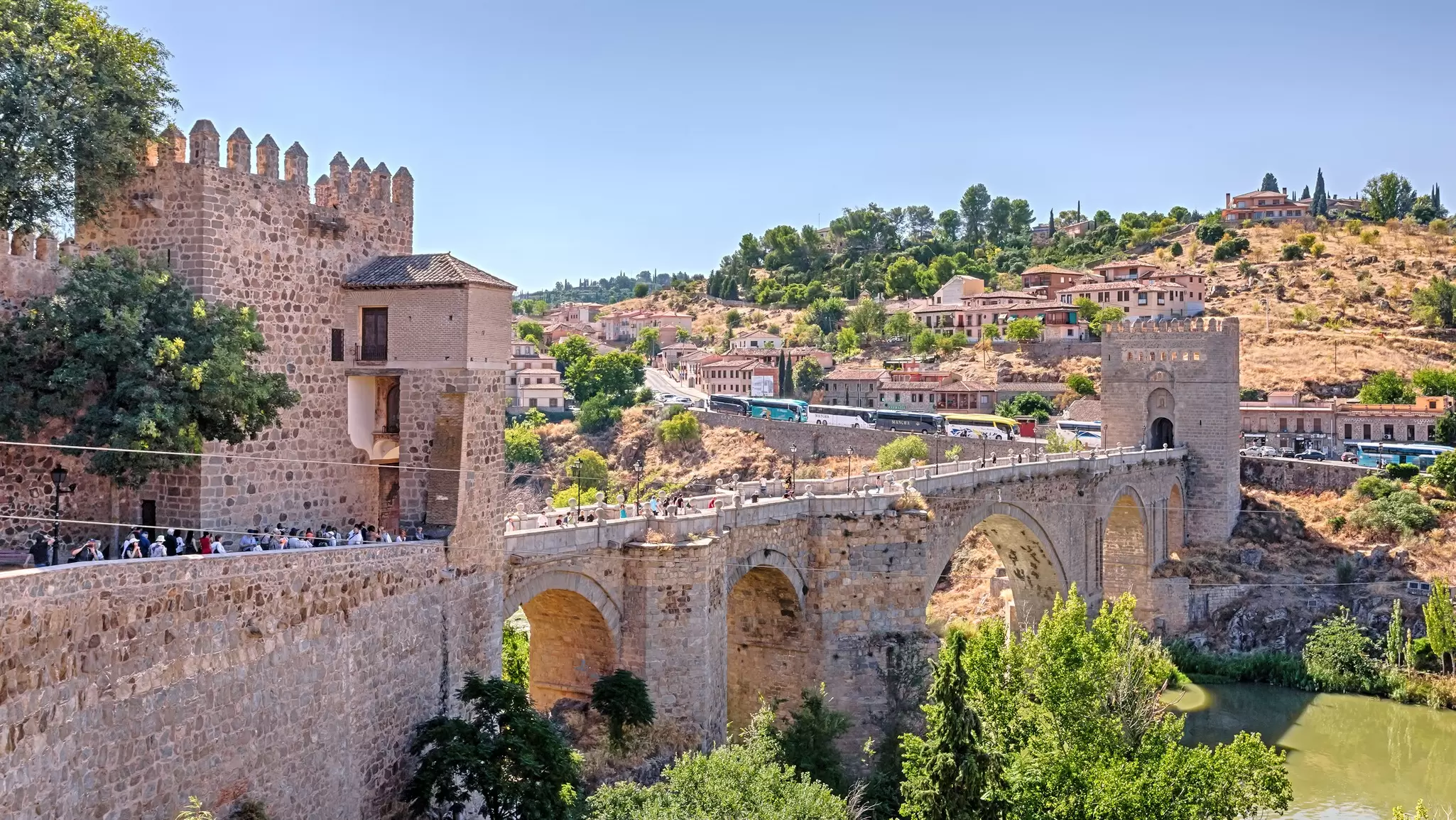 Toledo, Castilla-La Mancha, Spain. Medieval Bridge Puente de San Martin in the western part of Toledo. 