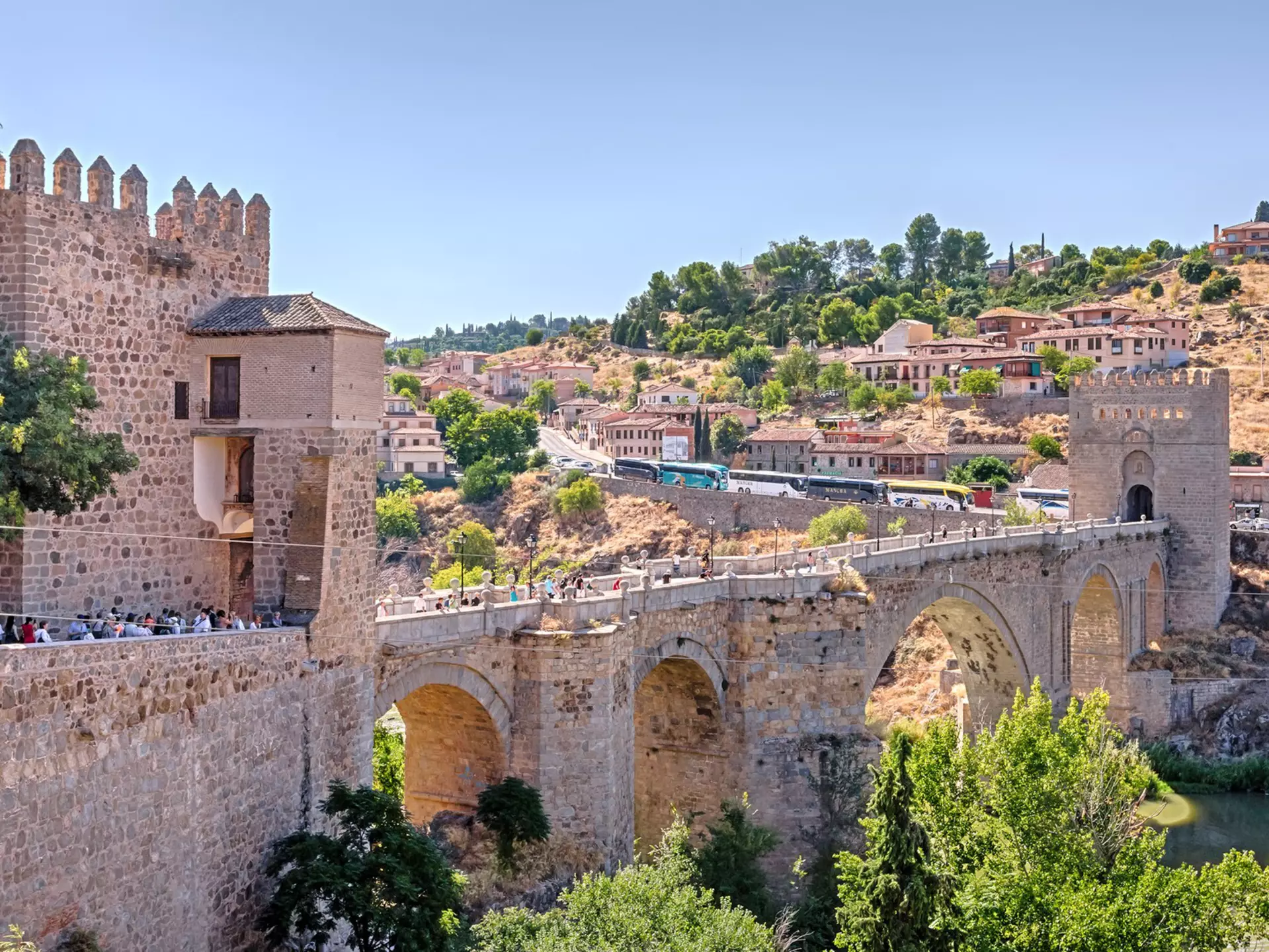Toledo, Castilla-La Mancha, Spain. Medieval Bridge Puente de San Martin in the western part of Toledo. 
