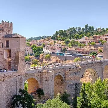 Toledo, Castilla-La Mancha, Spain. Medieval Bridge Puente de San Martin in the western part of Toledo. 