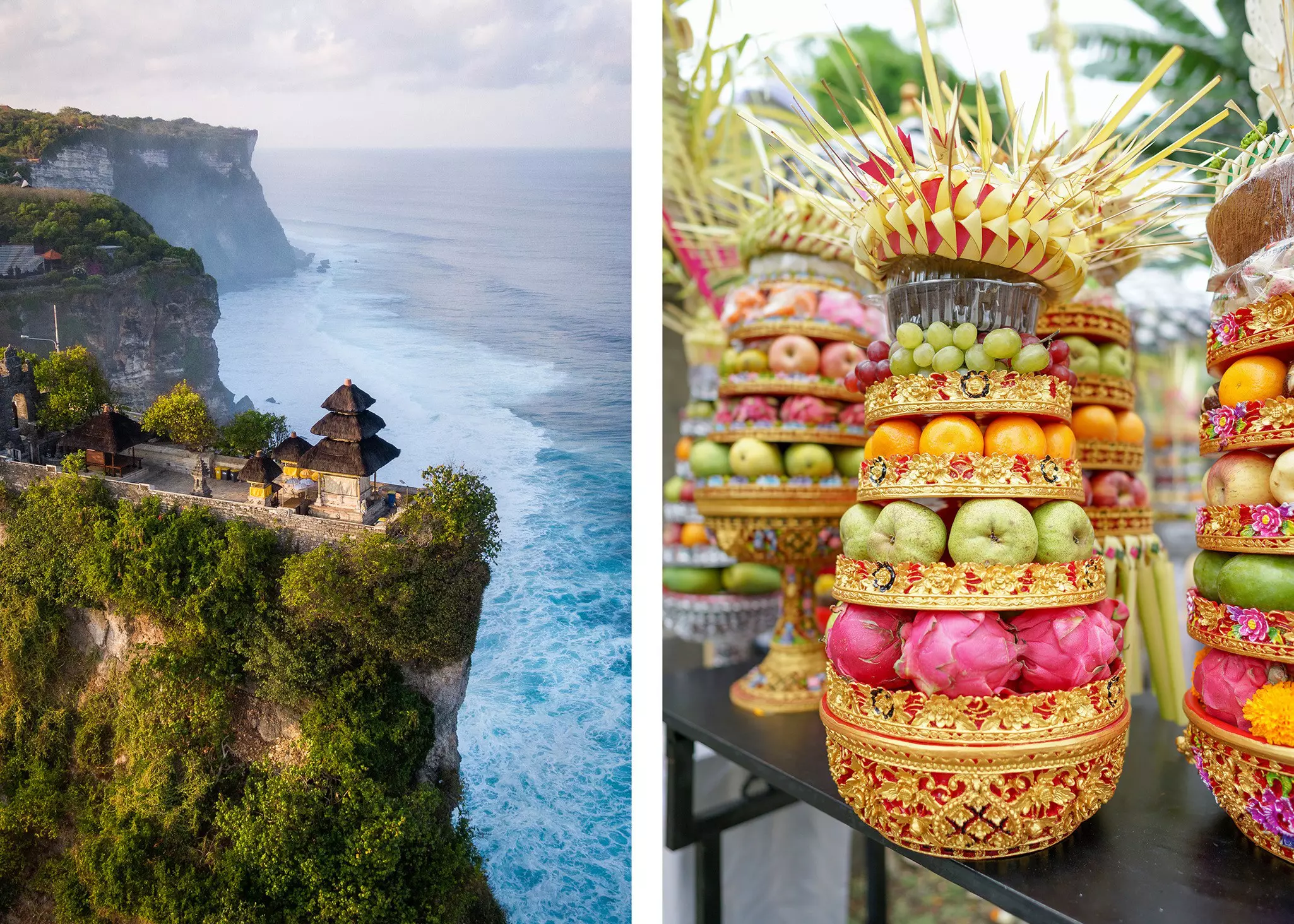 Left, a temple on a cliff looking over the ocean; right, an arrangement of fruit