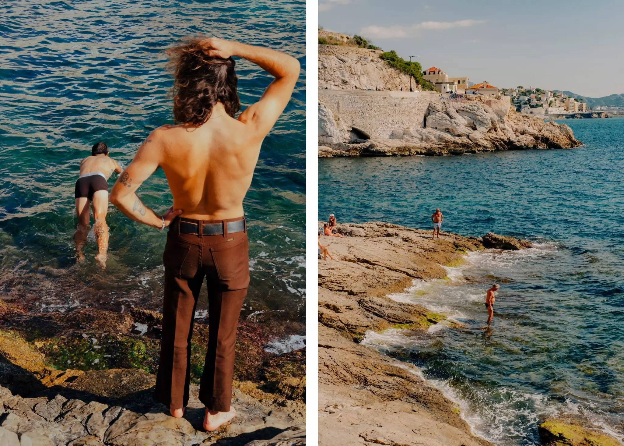 Left, a person stands on rocks watching someone dive into the water; right, beachgoers wade into water from a rocky beach.