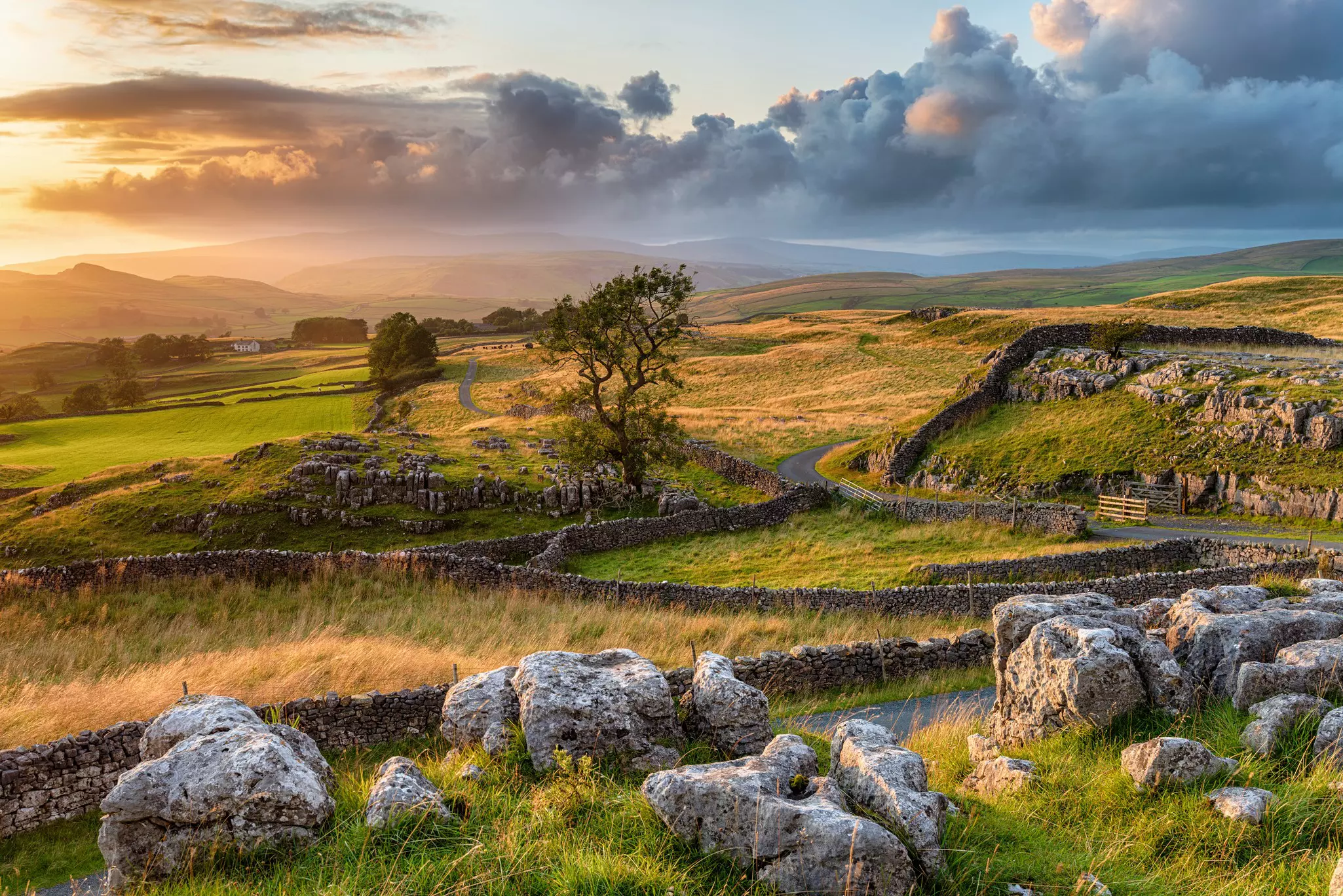 Sunset over the Yorkshire Dales National Park at the Winskill Stones near Settle
