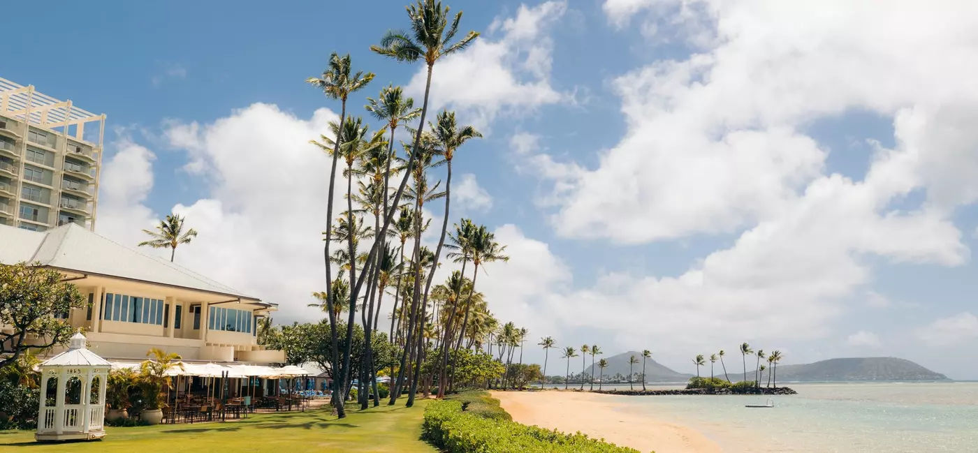 A restaurant set back just off a sandy palm tree-lined beach.