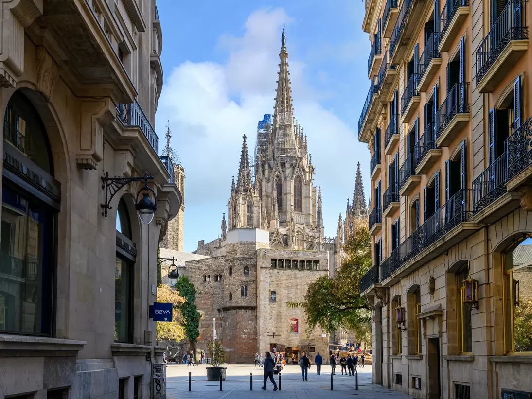 View down the street towards La Catedral in Barcelona, Spain.