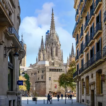 View down the street towards La Catedral in Barcelona, Spain.
