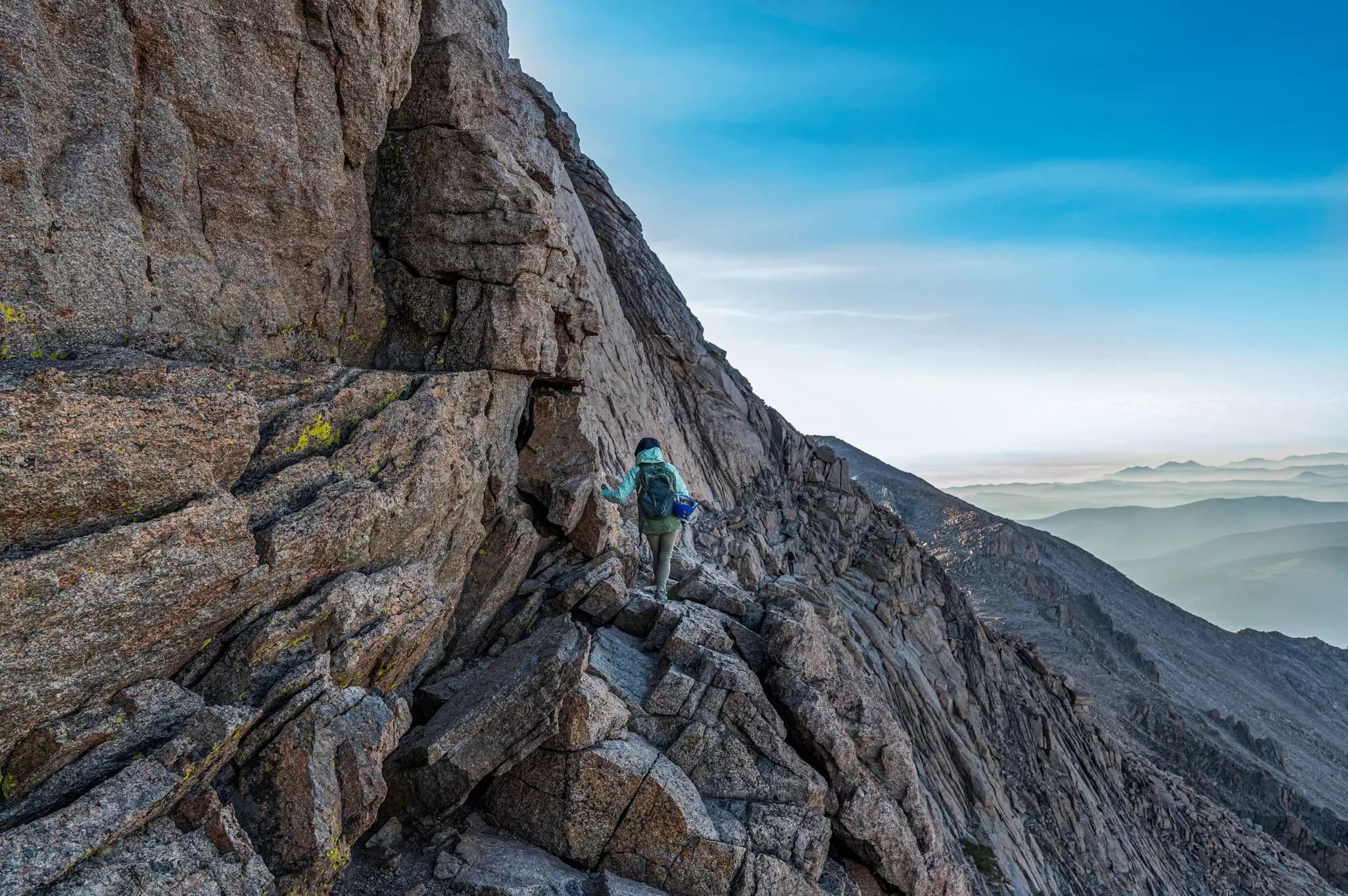 Hiking the Ledges, via the Keyhole route on Longs Peak, a popular 14er located in Rocky Mountain National Park, Colorado, License Type: media, Download Time: 2025-03-17T13:17:50.000Z, User: meg3348277, Editorial: false, purchase_order: 56530 - Guidebooks, job: Global Publishing-WIP, client: Colorado 5, other: Megan Cassidy