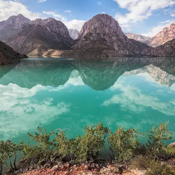 Iskanderkul mountain lake of glacial origin in Tajikistan's Sughd Province.