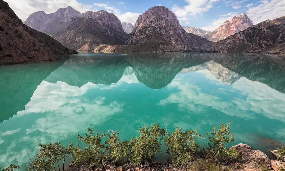 Iskanderkul mountain lake of glacial origin in Tajikistan's Sughd Province.