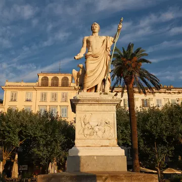 The front view of the statue of Napoleon in roman costume on Place St. Nicolas, Bastia, Corsica, France, License Type: media, Download Time: 2026-06-19T20:00:29.000Z, User: LP_ZRay, Editorial: false, purchase_order: 65050 - Digital Destinations and Articles, job: Lonely Planet, client: App Content, other: Zayira Ray