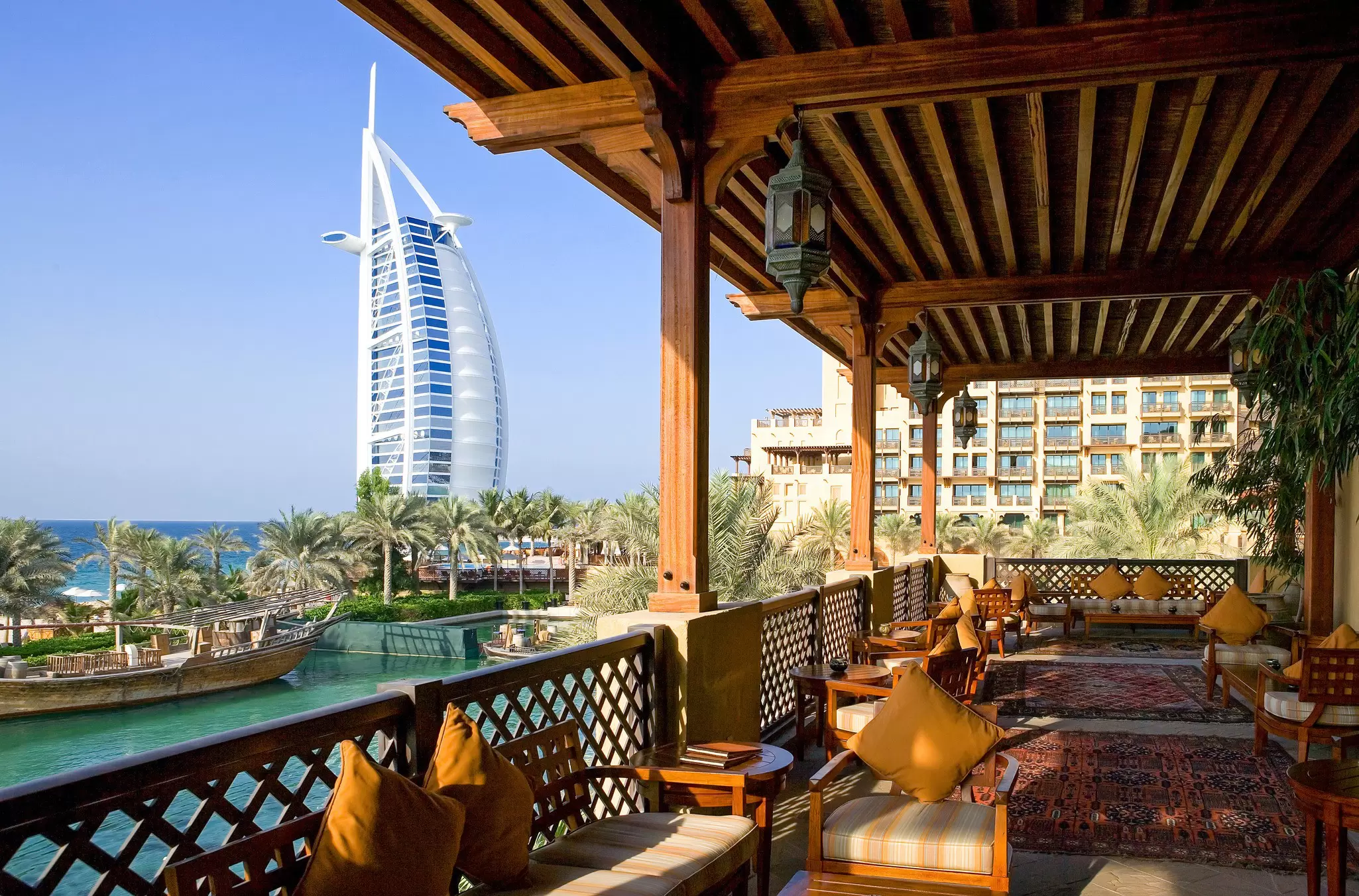 Open-air bar-restaurant in Madinat Jumeirah, with the Burj Al Arab in the background
