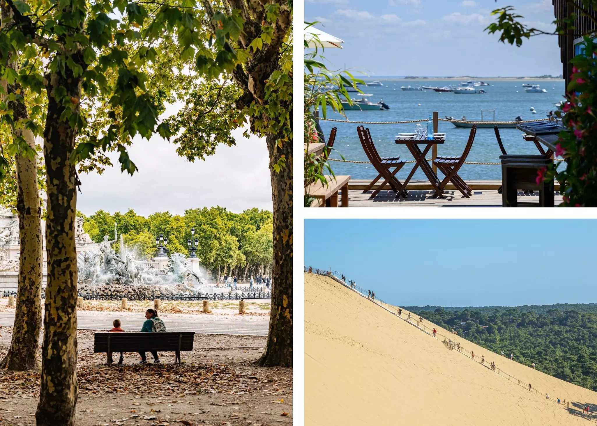 Best EV road trips in France diptych

Left: The Monument aux Girondins in Bordeaux. Blooms Heart/Shutterstock. Top right: An oyster shack on Cap Ferret (Arcachon Bay). E. Cowez/Shutterstock. Bottom right: Dune du Pilat. JeanLucIchard/Shutterstock