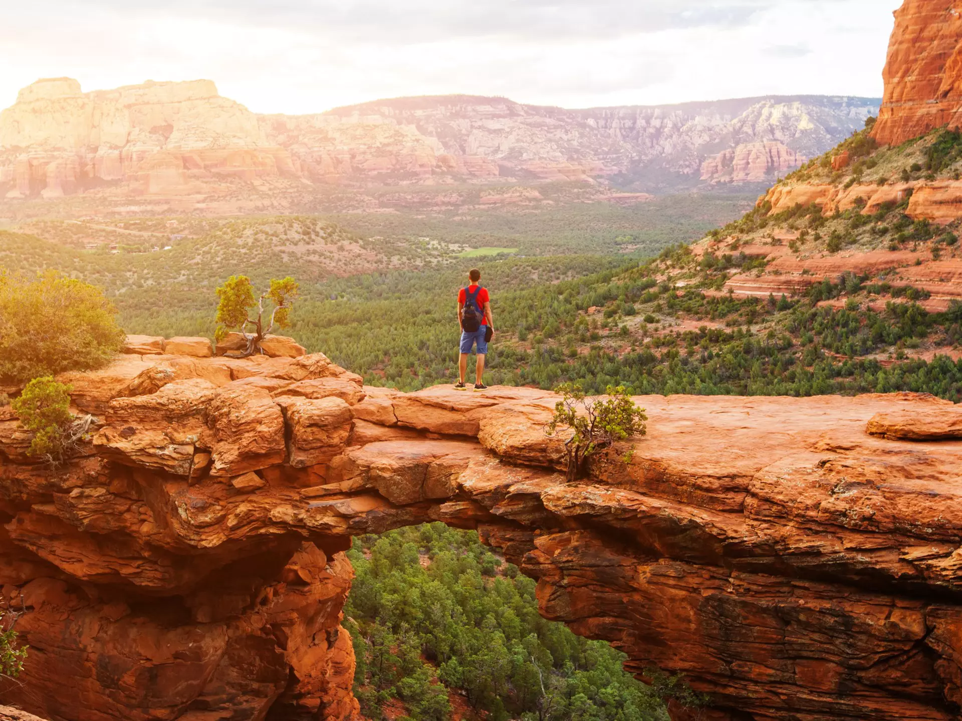 Travel in Devil's Bridge Trail, man Hiker with backpack enjoying view, Sedona, Arizona, USA  License Type: media  Download Time: 2021-08-19T14:46:36.000Z  User: zachary.laks_lonelyplanet  Is Editorial: No  purchase_order:   