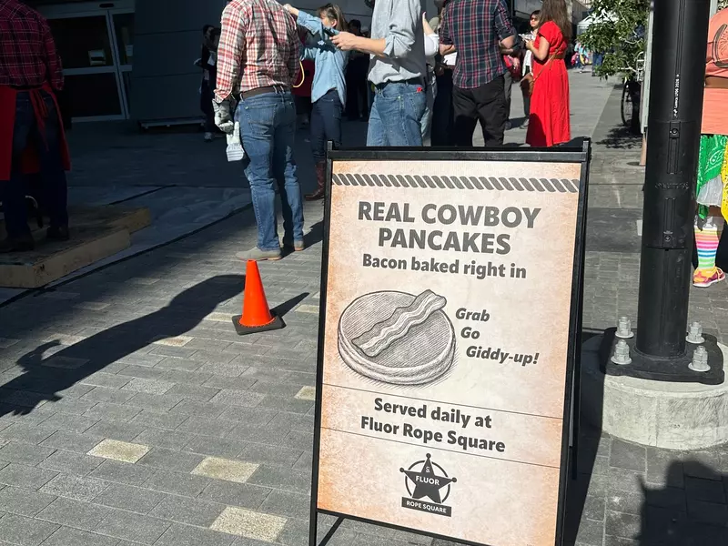 Fluor Rope Square pancake breakfast -- pancake and sign CalgaryJuly2026