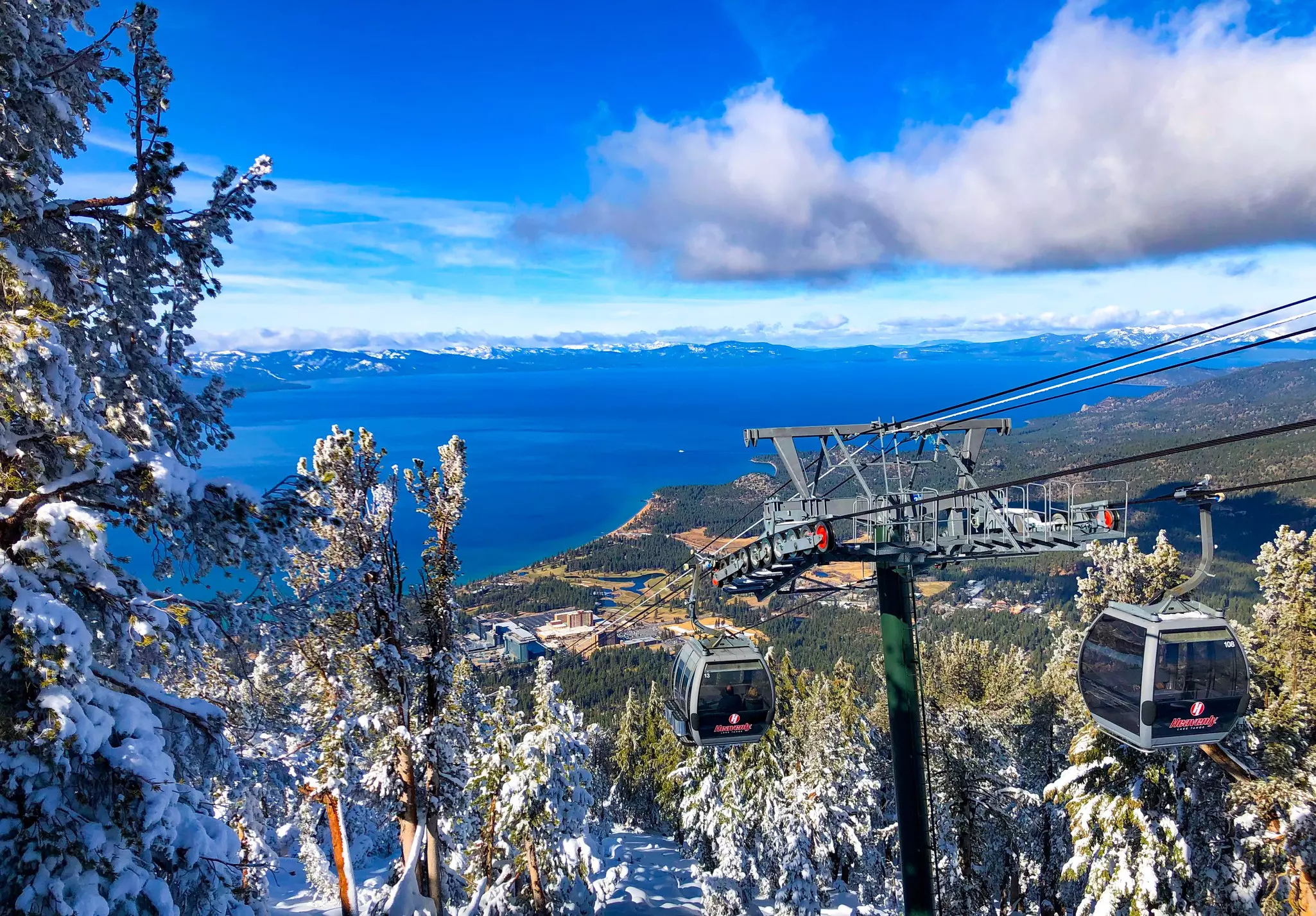 Heavenly ski resort Gondola from the top with the best scenic view of south lake tahoe.