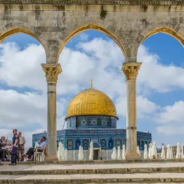 JERUSALEM, ISRAEL JUNE 10 2015: Israeli Temple Mount policeman greets the locals under the arches near the Dome of the Rock on the Temple Mount on June 10 2015 in the Old City of Jerusalem Israel.
408810679
palestine, islam, arch, octagonal, historical, rotunda, caliph, travel, rock, mosque, marble, landmark, middle, history, mount, east, old, dome, israel, religious, historic, architecture, gold, city, sacred, temple, mosaic, panorama, hexagon, omar, holy, tourism, islamic, religion, jerusalem, golden, ancient, arab, land, muslim, shrine, moriah, al-malik, abd, umayyad, qubbat, as-sakhrah