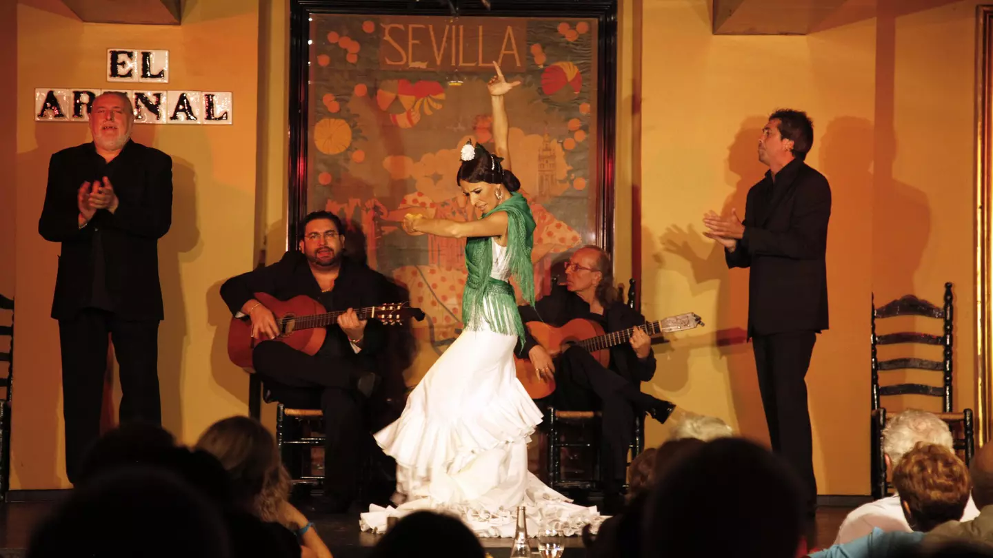 Maria Vargas Romero who's been a flamenco dancer for 25 years is performing at the tablao El Arenal, Seville, Andalucia, Spain.