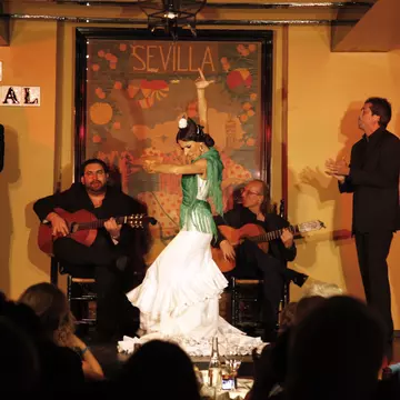 Maria Vargas Romero who's been a flamenco dancer for 25 years is performing at the tablao El Arenal, Seville, Andalucia, Spain.