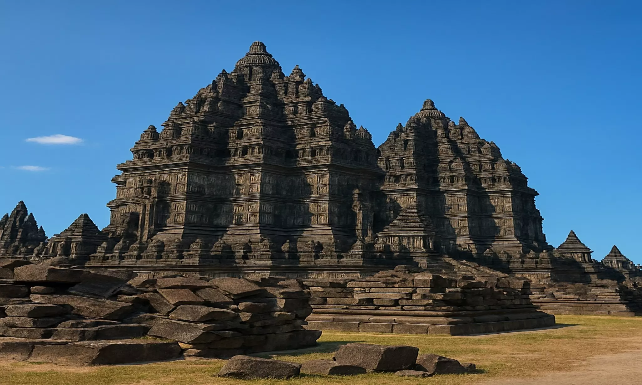 Ruined shrines at the Prambanan Temple Complex, Yogyakarta, Indonesia.