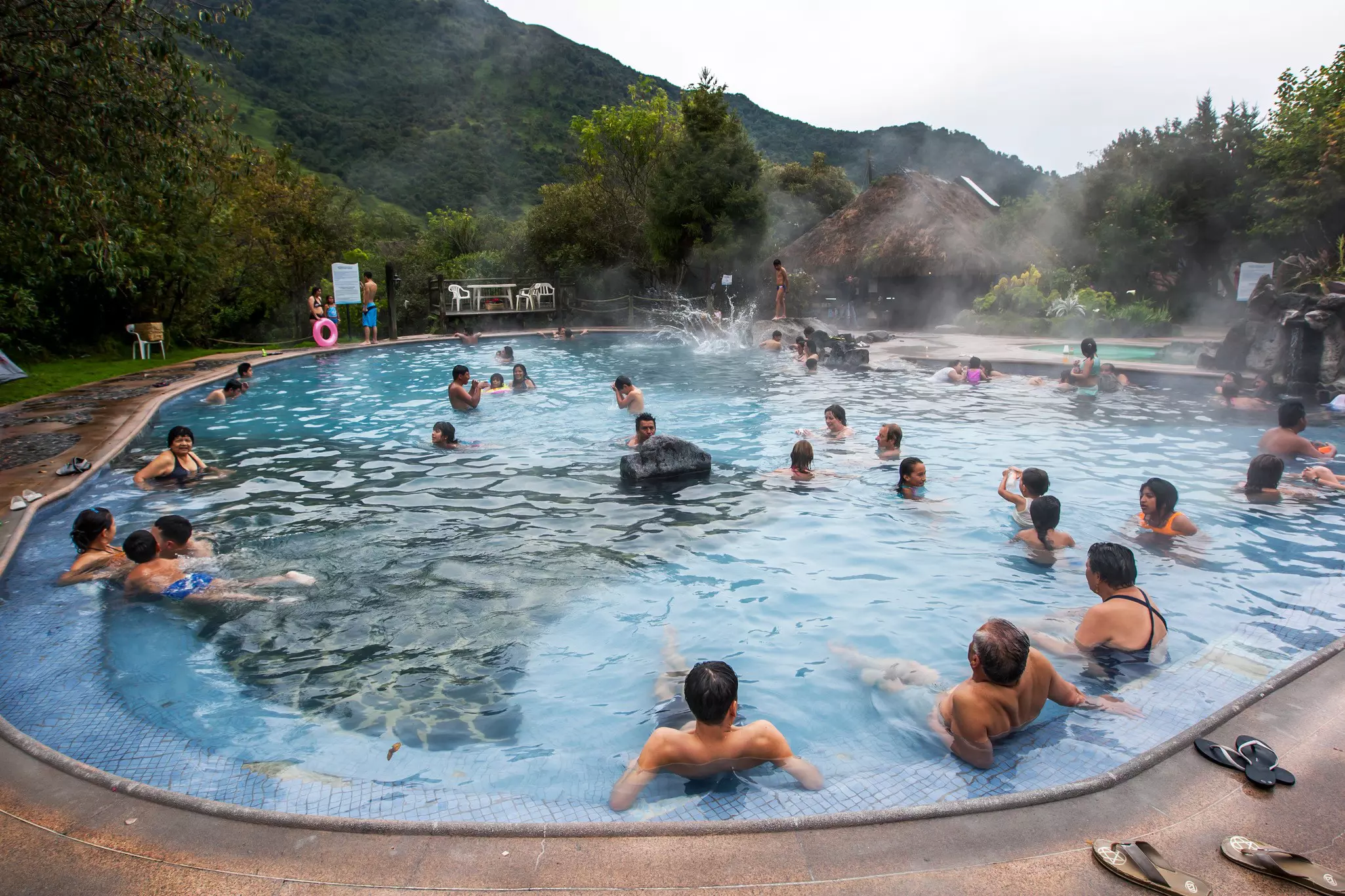 Bathers relax in a thermal pool at the Papallacta Hot Springs. Papallacta is located in the Andes and is Ecuador's highest town at 3300 metres above sea level.