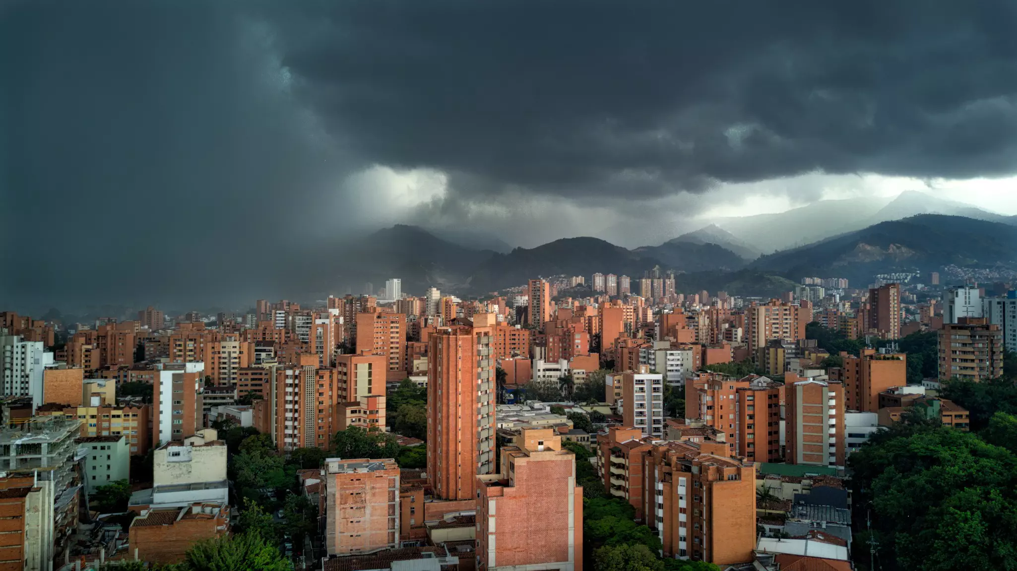 A storm with dark clouds over Medellín, Colombia