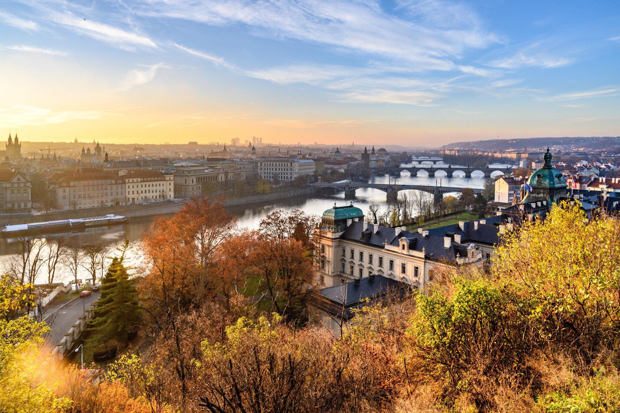 Prague Bridges over Vltava River in sunny autumn morning. View from Letna Gardens, Prague, Czech Republic.