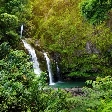 Upper Waikani Falls also known as Three Bears, a trio of large waterfalls amid rocks & lush vegetation with a popular swimming hole, off the Road to Hana Highway, Maui, Hawaii, USA