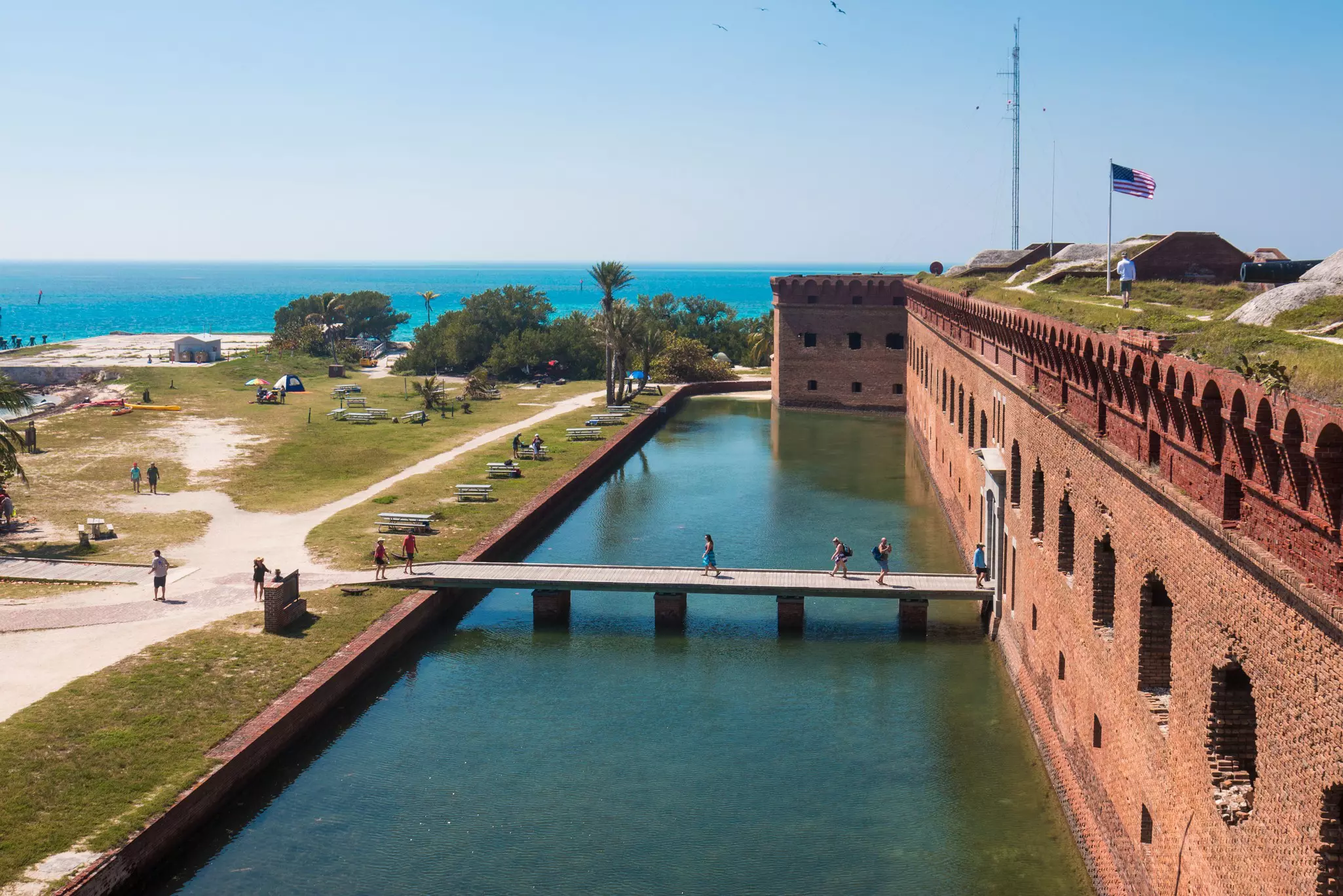 Landscape view of the outside of Fort Jefferson during the day in Dry Tortugas National Park