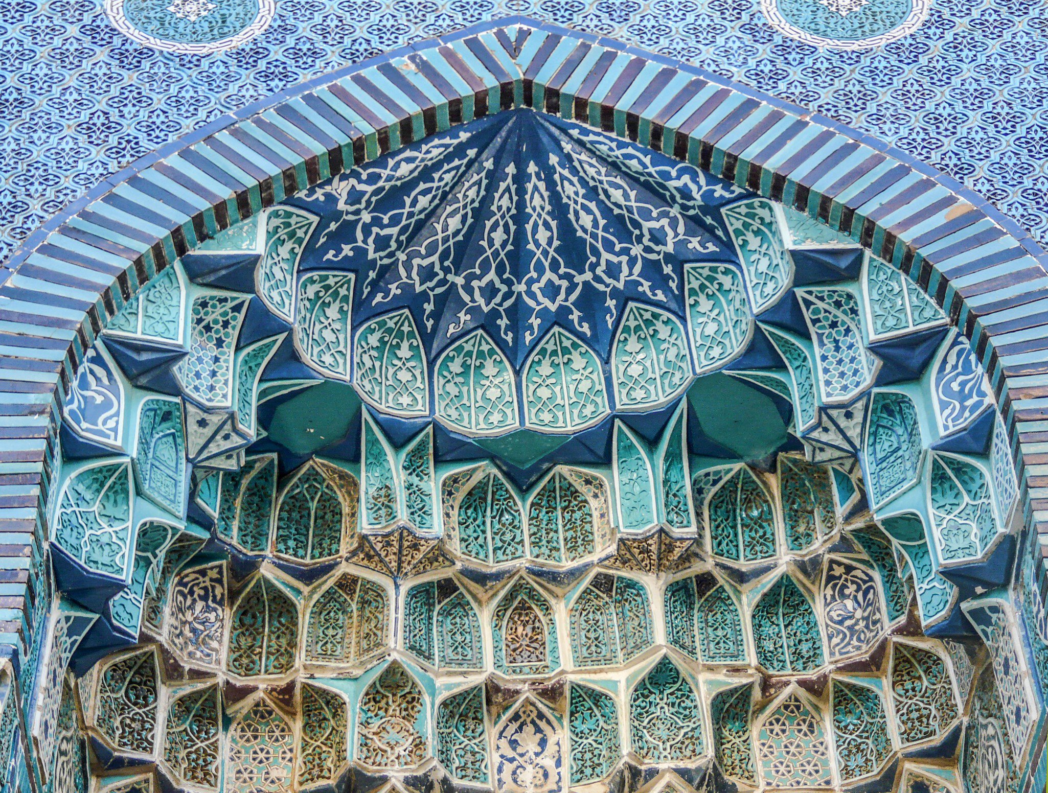 Decorative features of a mausoleum in the Shah-i-Zinda necropolis complex.