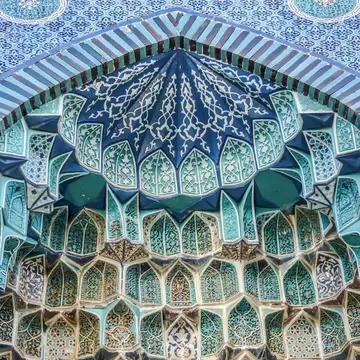 Decorative features of a mausoleum in the Shah-i-Zinda necropolis complex.