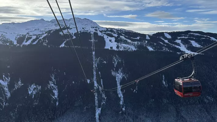 Continuous cables link two mountains with a cable car running in-between