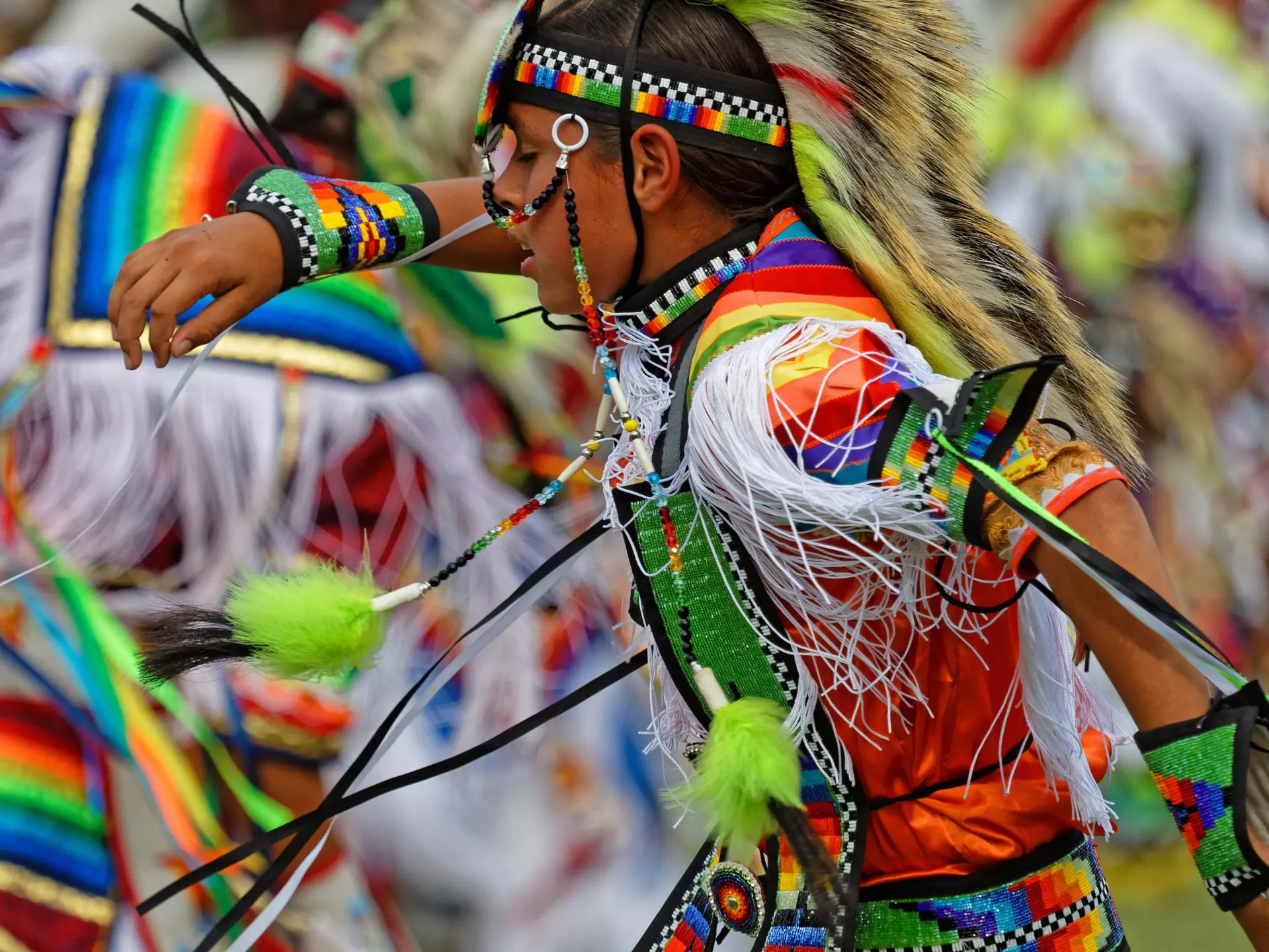 BISMARK, NORTH DAKOTA, September 9, 2018 : Young dancer of the 49th annual United Tribes Pow Wow, one large outdoor event that gathers 900 dancers and musicians celebrating native american culture.  License Type: media  Download Time: 2021-10-08T03:14:59.000Z  User: zachary.laks_lonelyplanet  Is Editorial: Yes  purchase_order:   