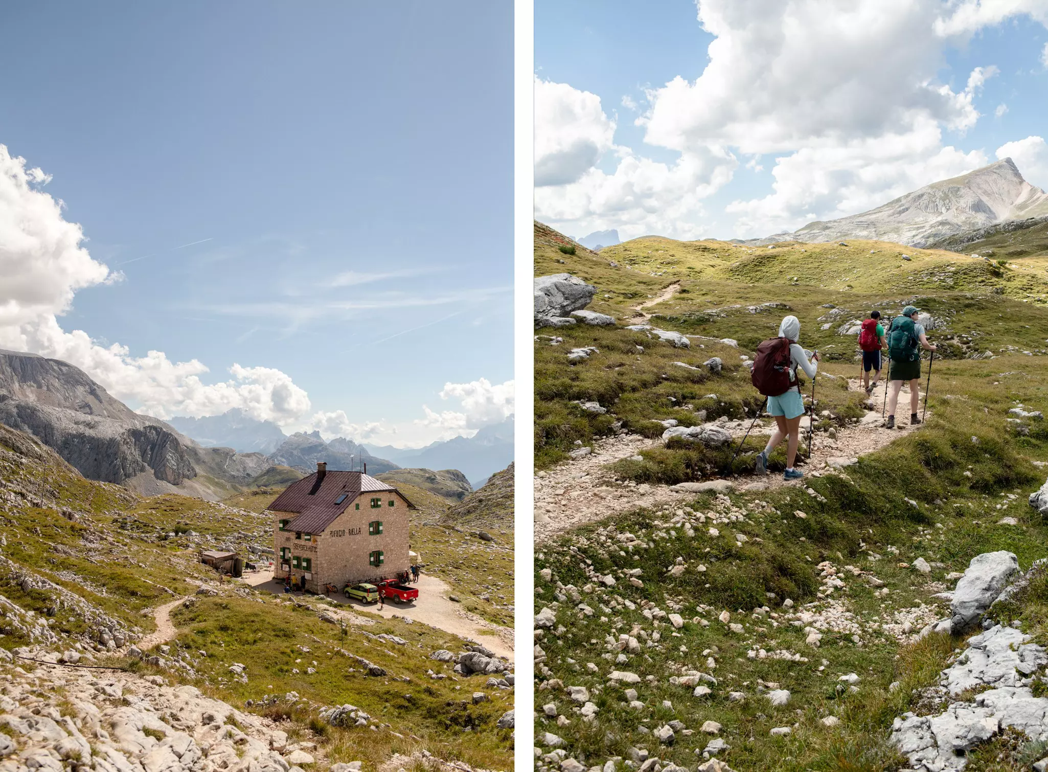 Left: a trail in a scenic mountain landscape in the Dolomites leads to a hut, where two cars are parked. Right: three hikers on a rocky trail, with green hills and a mountain in the background.