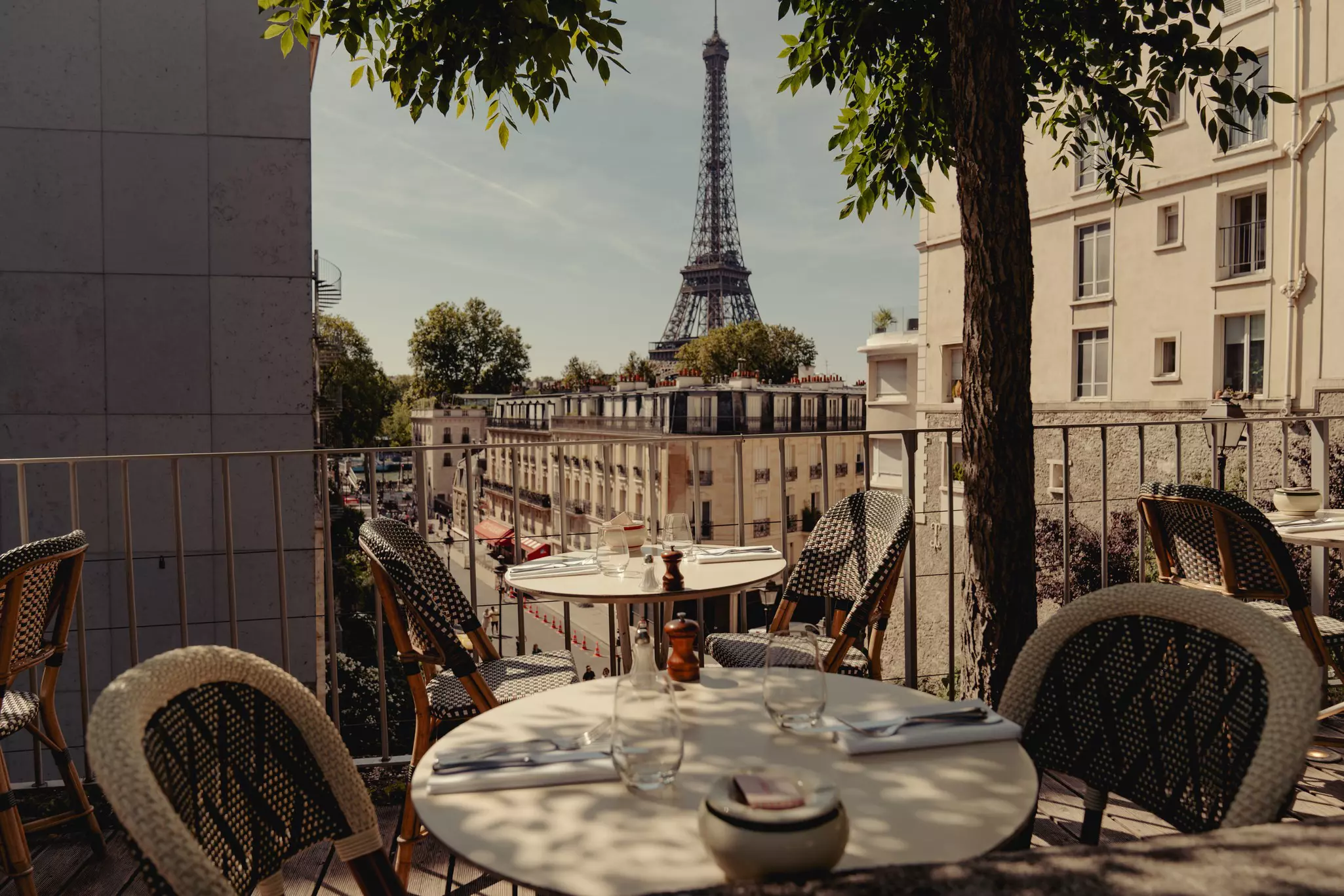 The Eiffel Tower seen from a restaurant in Paris, France