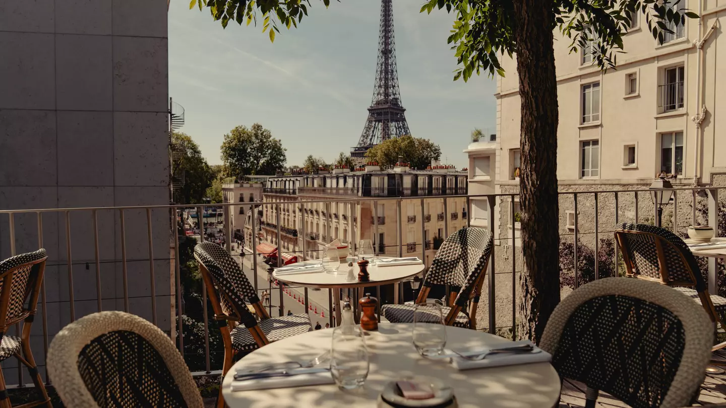 The Eiffel Tower seen from a restaurant in Paris, France
