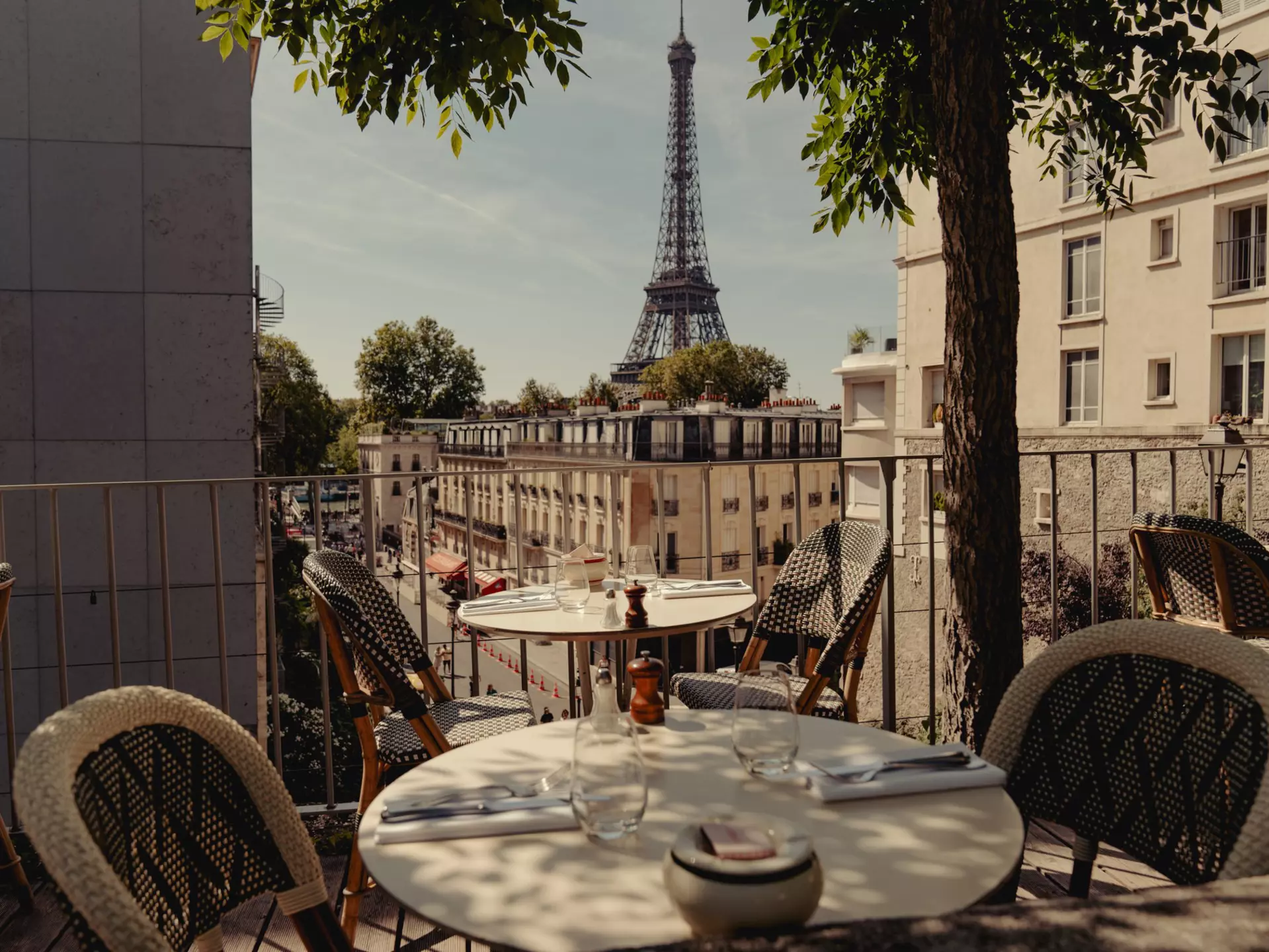 The Eiffel Tower seen from a restaurant in Paris, France