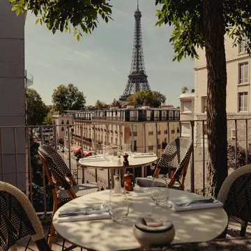 The Eiffel Tower seen from a restaurant in Paris, France