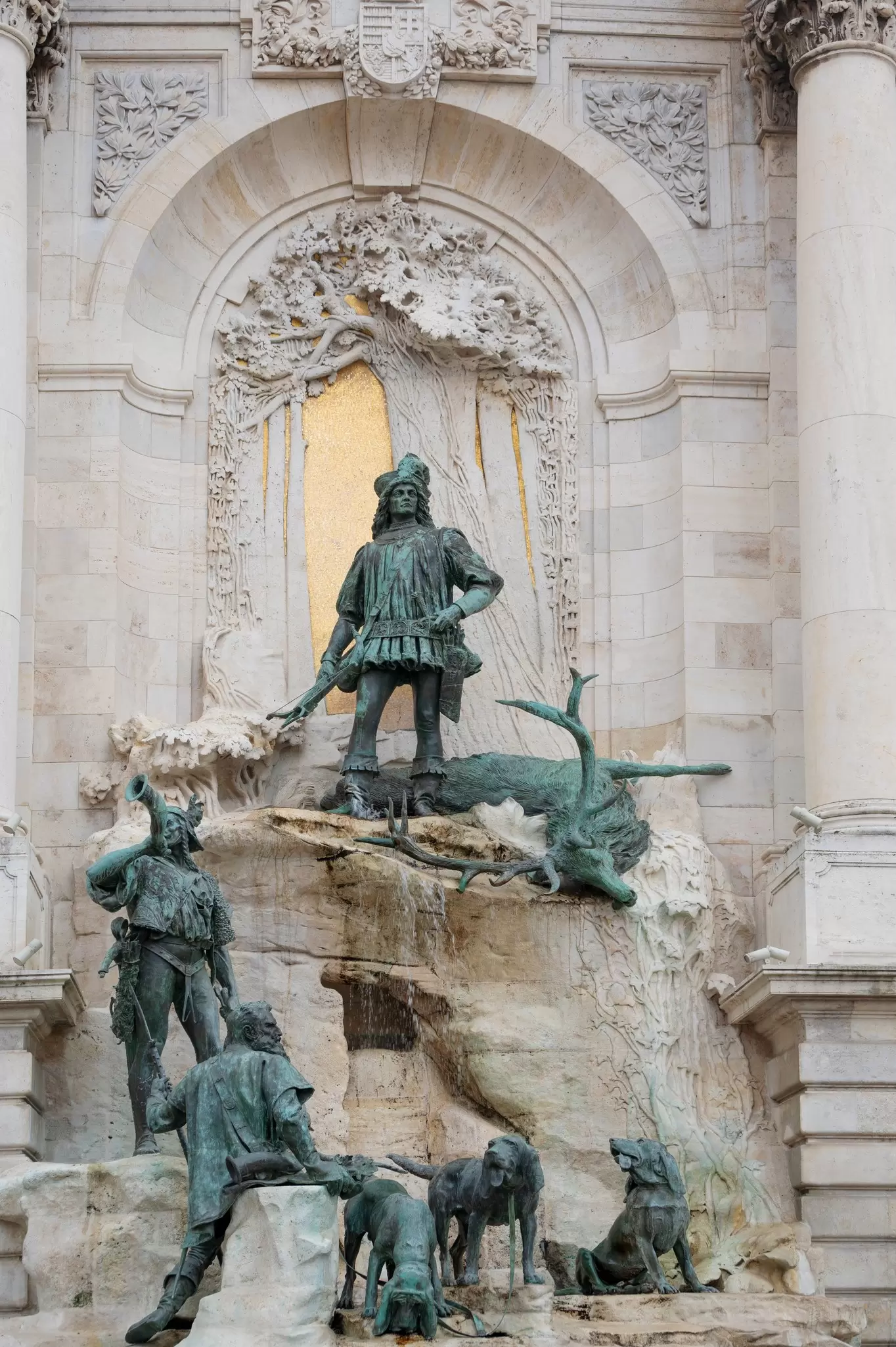 View of the Matthias Fountain inside the Royal Palaces complex in Hungary, Budapest.