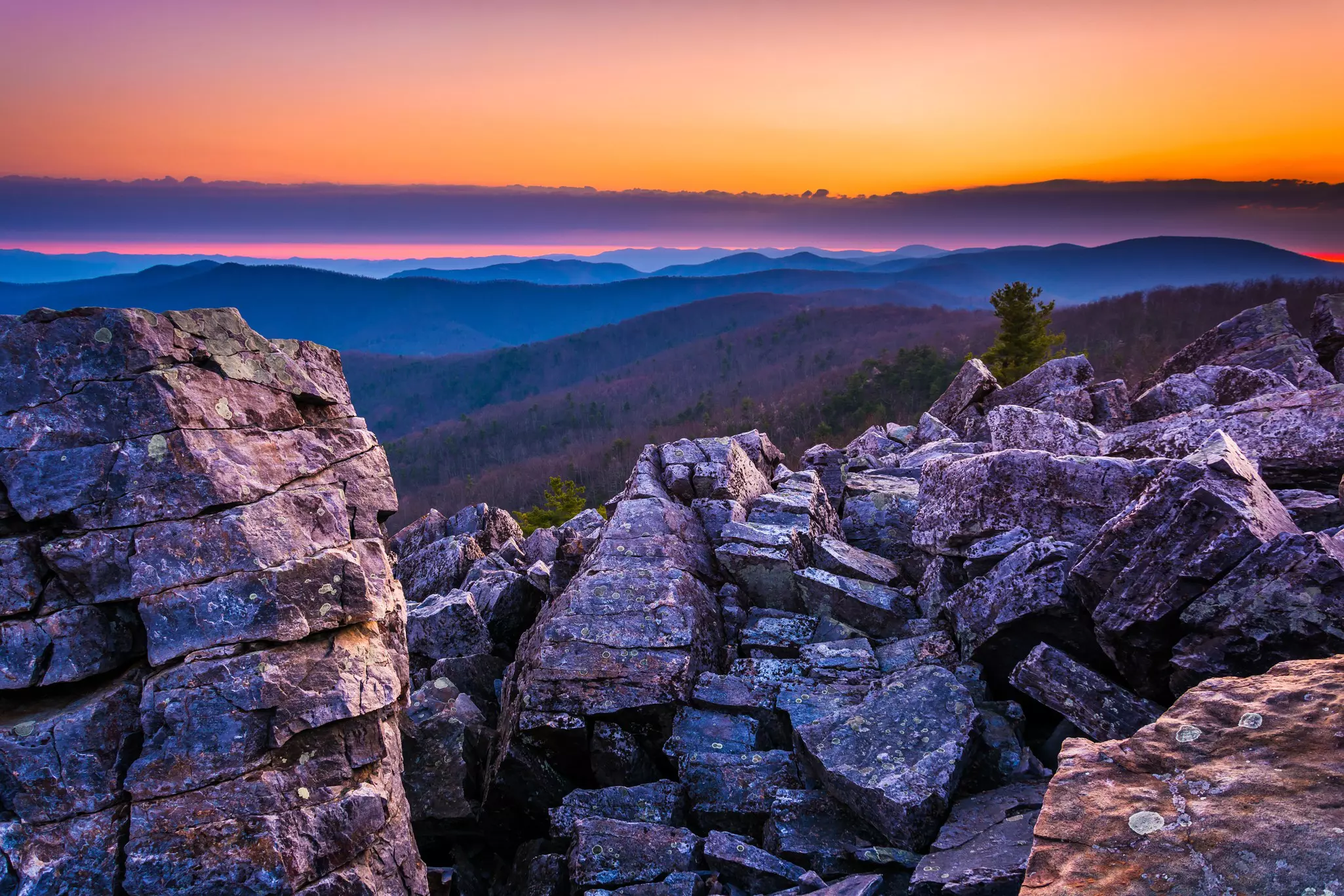 Sunrise over the Blue Ridge Mountains from Blackrock Summit, Shenandoah National Park, Virginia.