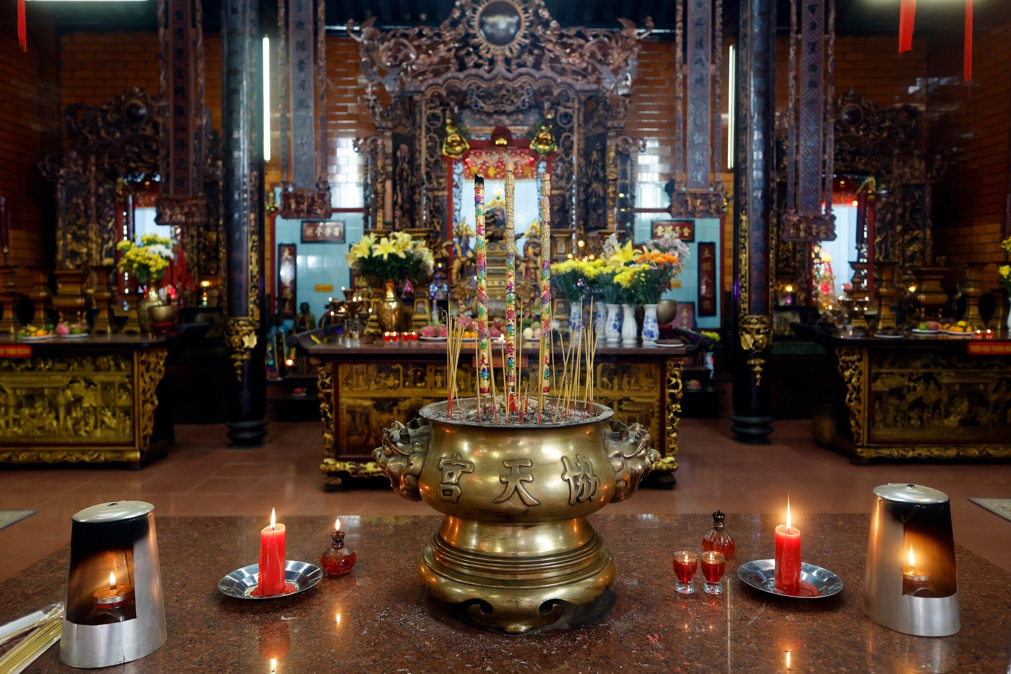 View of the interior of Ong Temple in Can Tho, Vietnam.