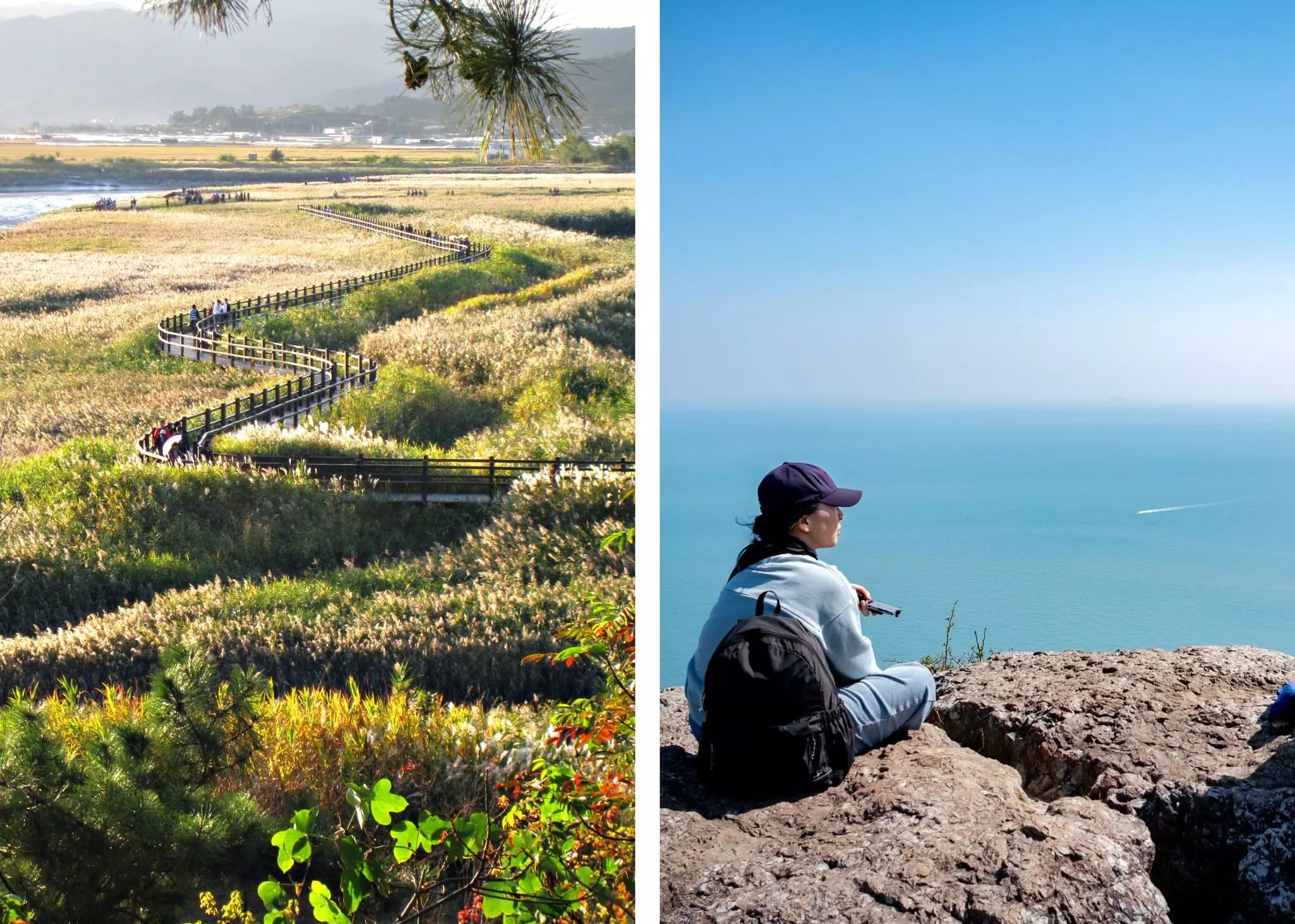 Left: People on a boardwalk through Suncheon Bay Nature Reserve. Right: A hiker sits still on a clifftop looking out to sea in Suncheon.