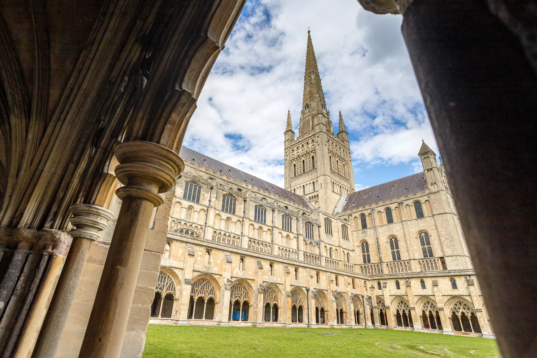 A view of Norwich Cathedral from the cloister, England, UK.