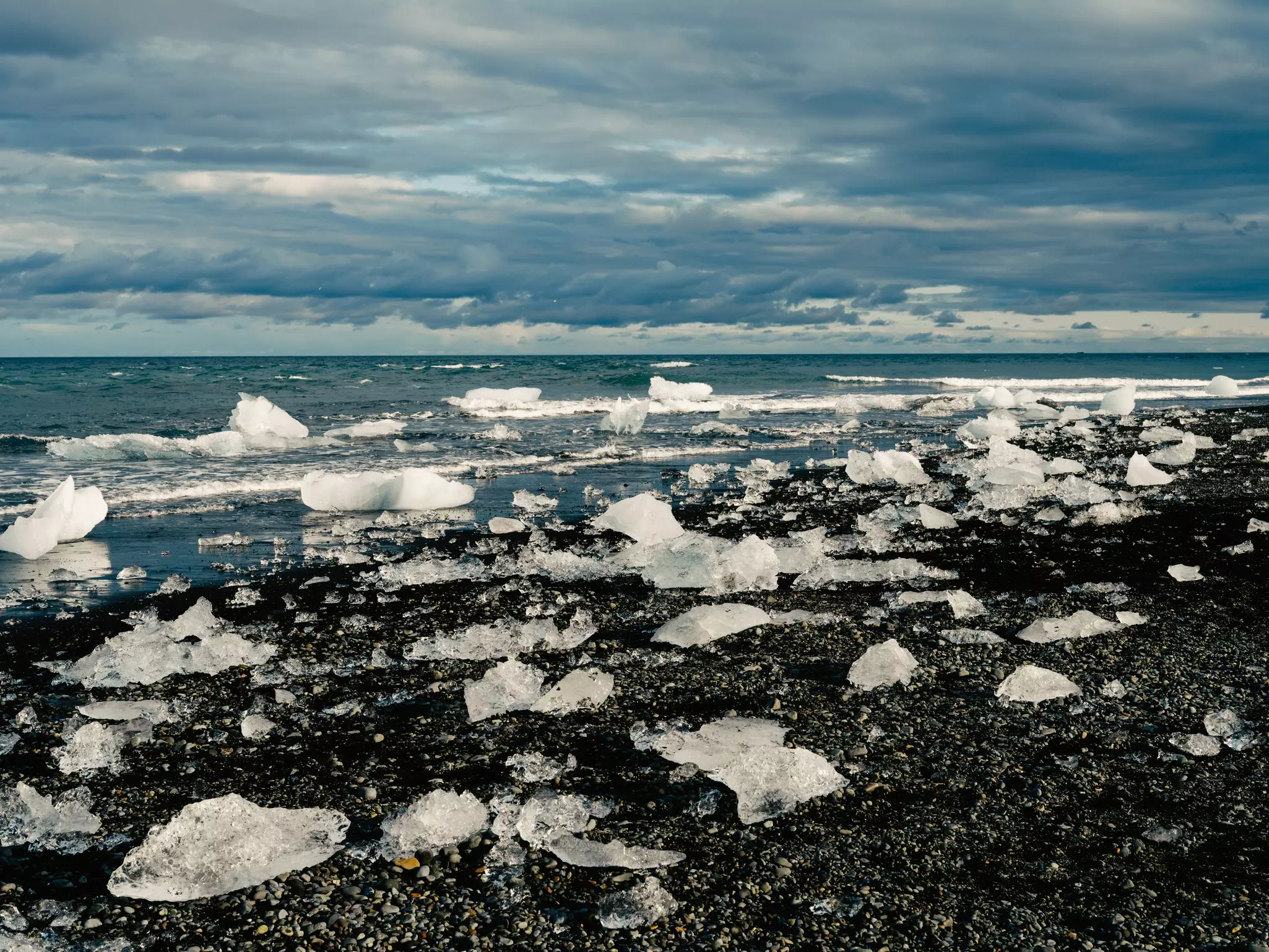 Pieces of broken icebergs at Diamond Beach in southeast Iceland.