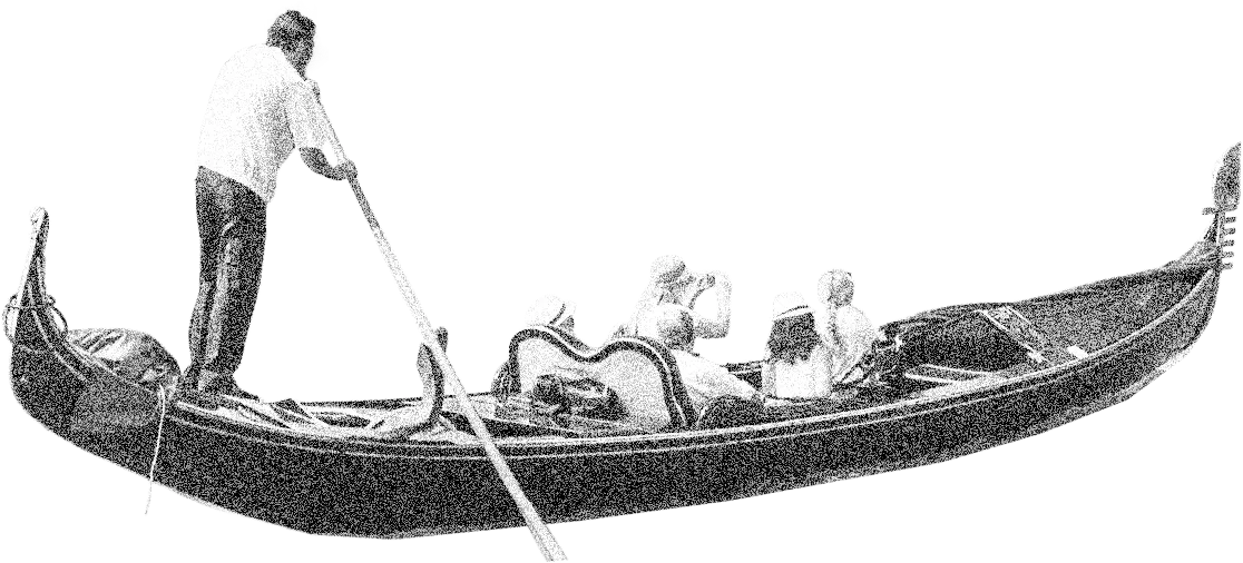 Black-and-white illustration of a gondolier standing to row a Venetian gondola carrying seated passengers